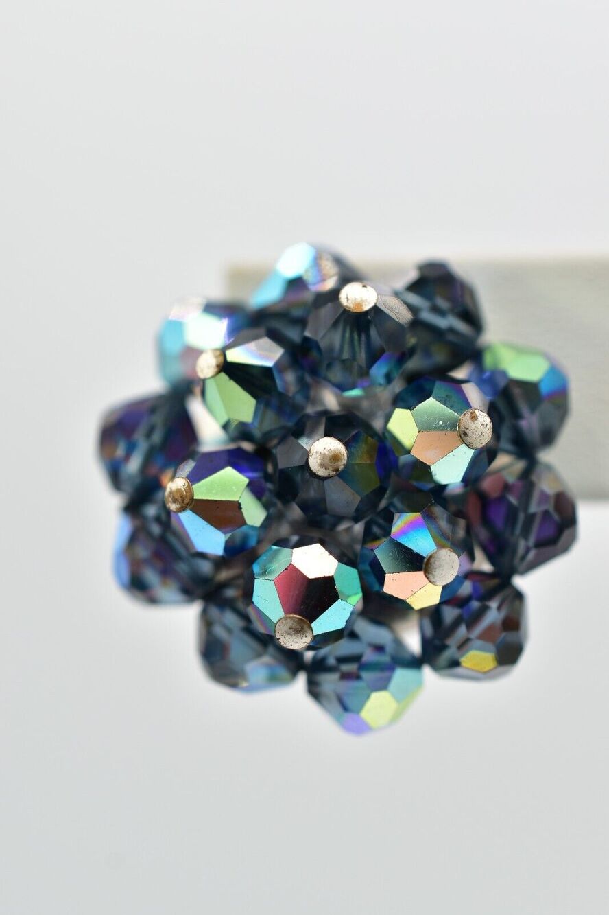 Vintage Navy Blue AB Crystal Cluster Clip On Earrings Chunky Glamour 1950s A24